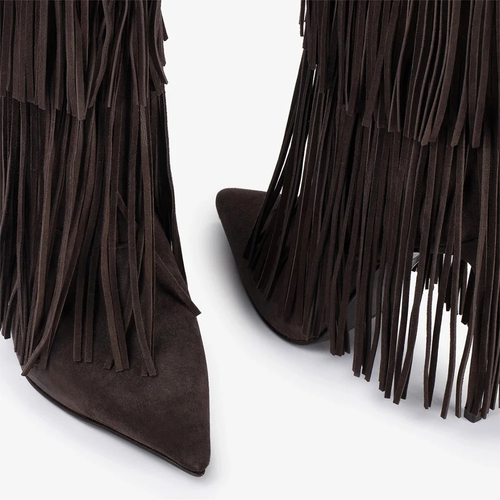Brown Mid Calf Pointed Toe Stiletto High Heel Fringe Boots for Women