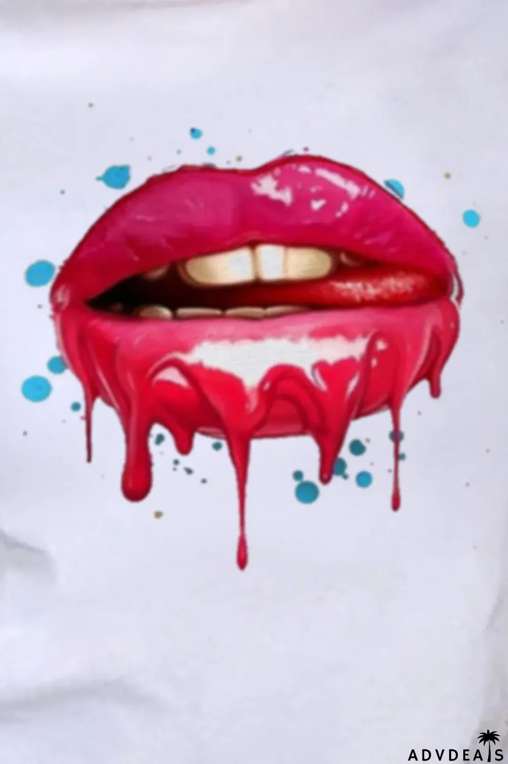 White Fashion Casual Lips Printed Split Joint O Neck T-Shirts