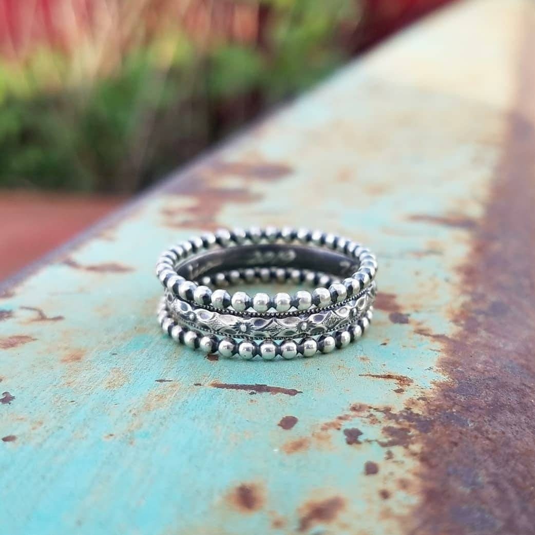 Diamond Floral and Beaded Patterns Ring Sweet & Simple Stack Ring Set Handcrafted Ring Set of 3 Ring