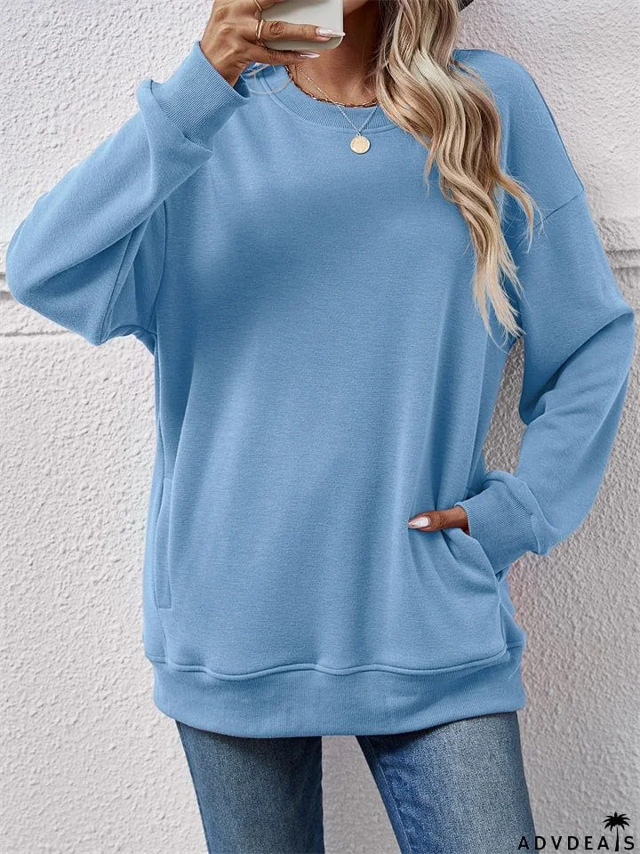 Women's Fleece Loose Round Neck Pocket Tops Hoodies