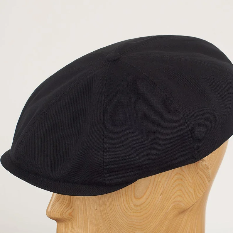 SHELBY Cotton 8 Panels Newsboy Apple PEAKED  Cap Bandit Hooligan Ivy Large Crown Hat Vintage Gangster Summer Spring Light Airy BLACK