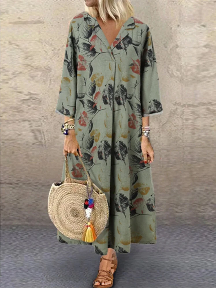 Women's Long Sleeve V-Neck Floral Printed Midi Dress