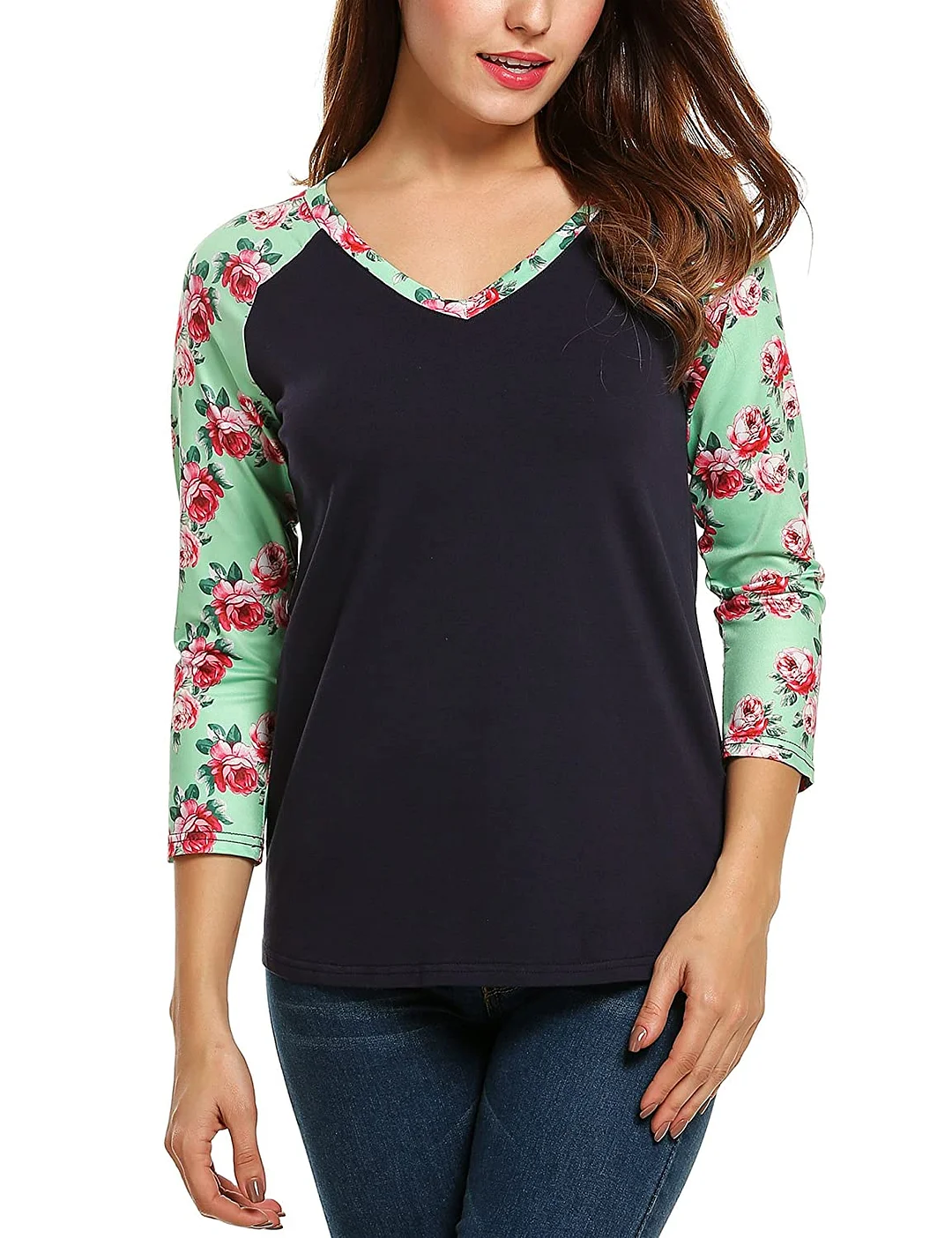 Women's Long Sleeve V Neck Loose Shirt Floral Printed Raglan Top Tunic