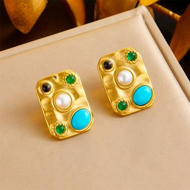 1 Pair Vintage Style Square Irregular Inlay 304 Stainless Steel Artificial Pearls Turquoise 18K Gold Plated Ear Studs