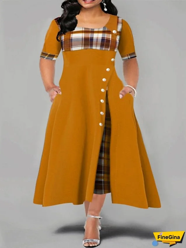 Women's Dress - Plus Size Casual Dress Plaid Crew Neck Print Half Sleeve Spring Fall Elegant Casual Maxi long Dress Work Daily Dress / Date