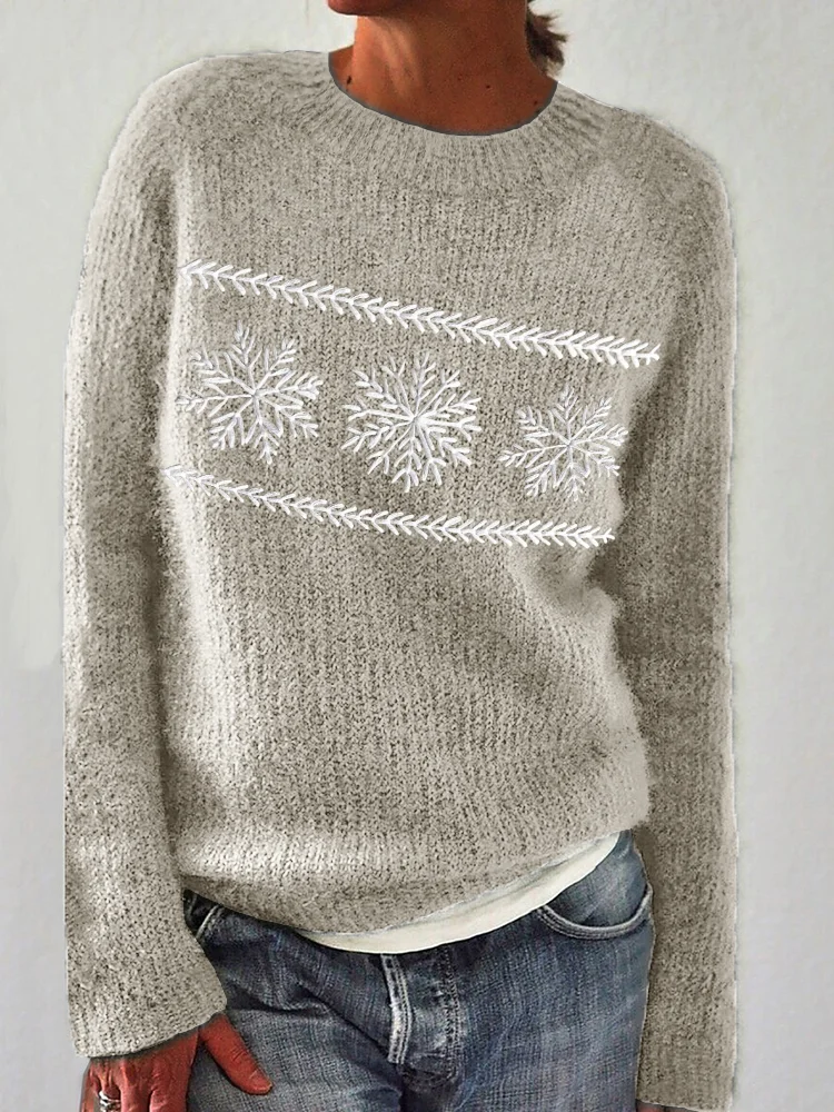 VChics Snowflakes Embroidery Art Cozy Knit Sweater