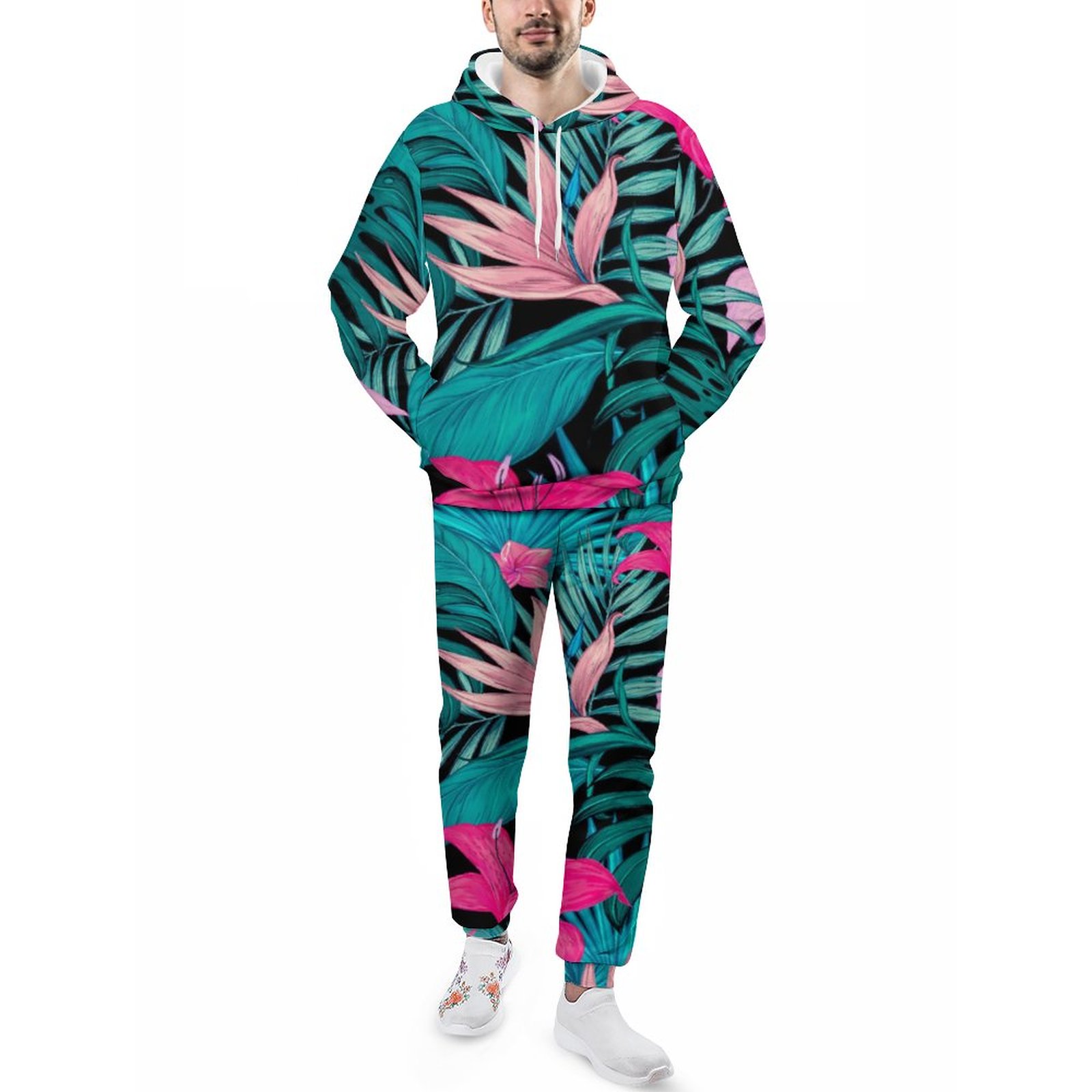 Elegant Tropical Hibiscus Flowers And Leaves Men's Sweatsuits Set Guys Casual Athletic Pullover And Sweatpants Suit Outfit
