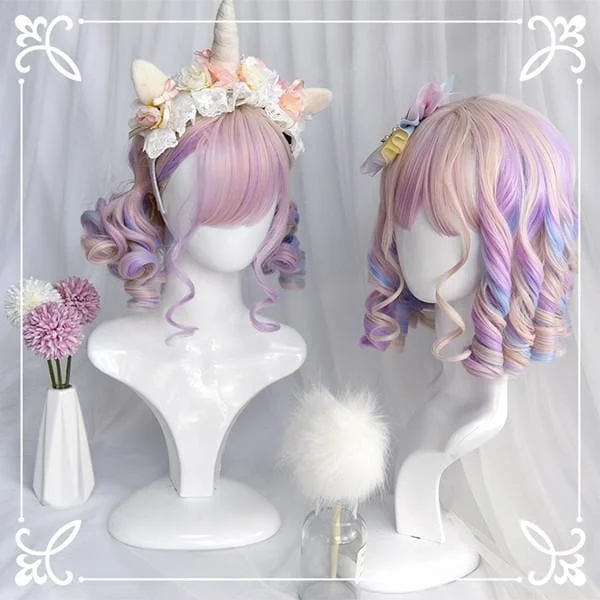 Pastal Pink Rainbow Unicorn Cute Romantic Roll Short Wig SS082