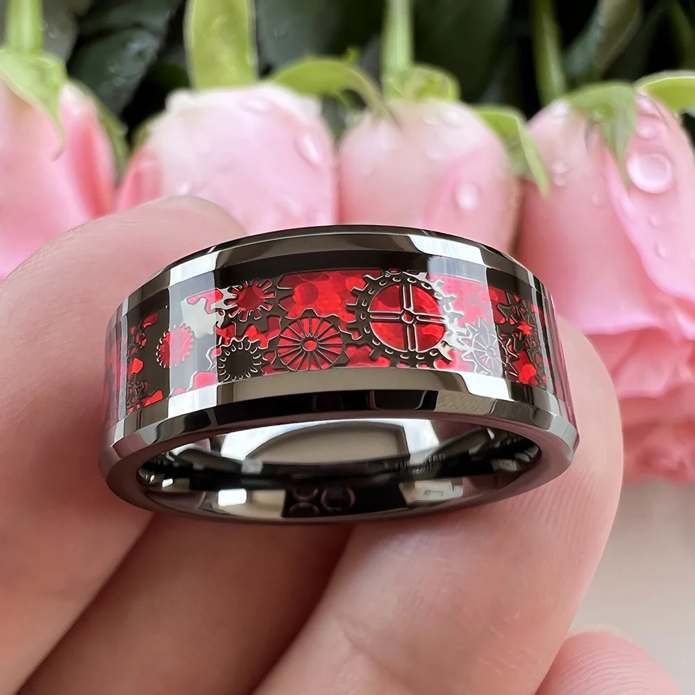 8MM Women's or Men's Tungsten Carbide Wedding Gear Rings Black with Mechanical Gear Red Carbon Fiber