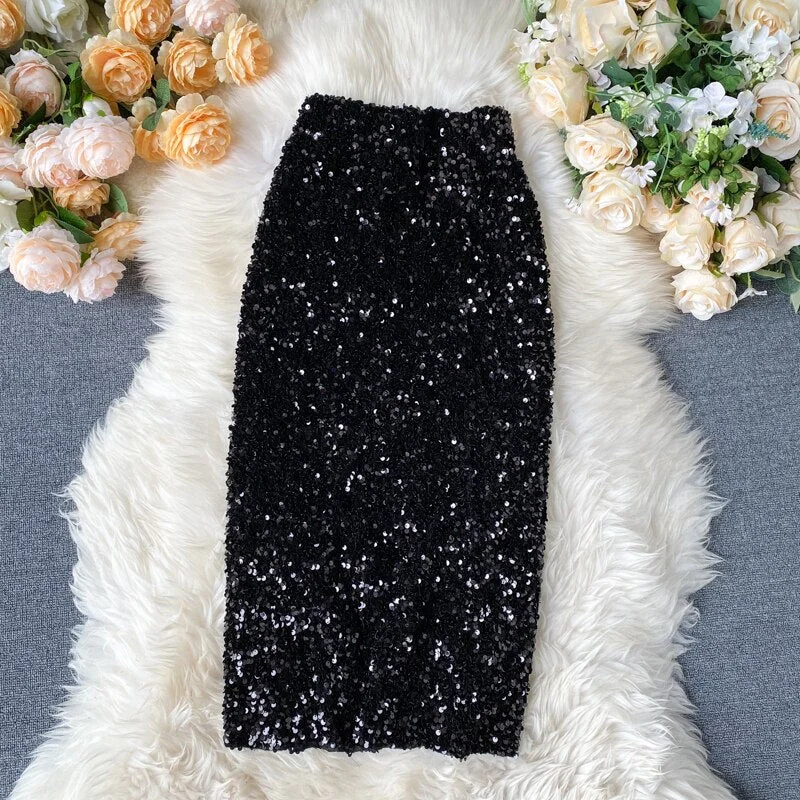 FTLZZ Women Sequins Pencil Skirts Korean Elegant Mid Length Bodycon Jupe Spring Sexy Femme Trend High Waist Slim Shinny Skirt
