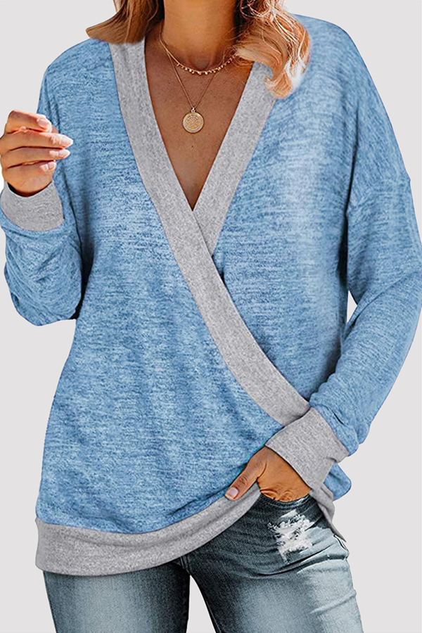 Casual Patchwork Basic Contrast V Neck Tops