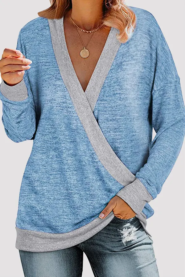 Casual Patchwork Basic Contrast V Neck Tops