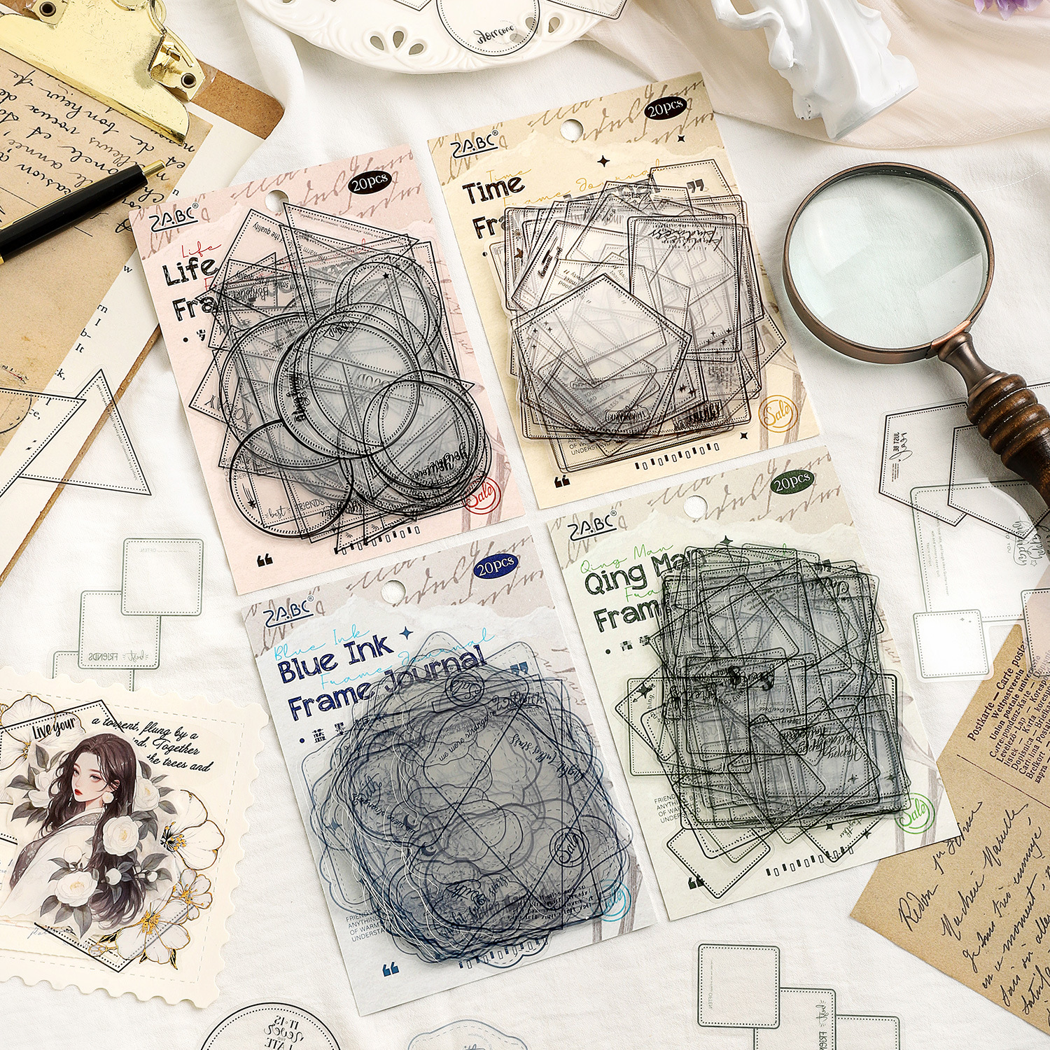 PET 스티커 - 메모리 프레임 노트 시리즈 빈티지 기하학 테두리