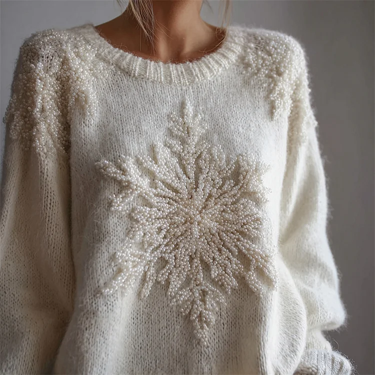 Elegant Snowflake Pearls Beaded Cozy Fuzzy Knit Sweater