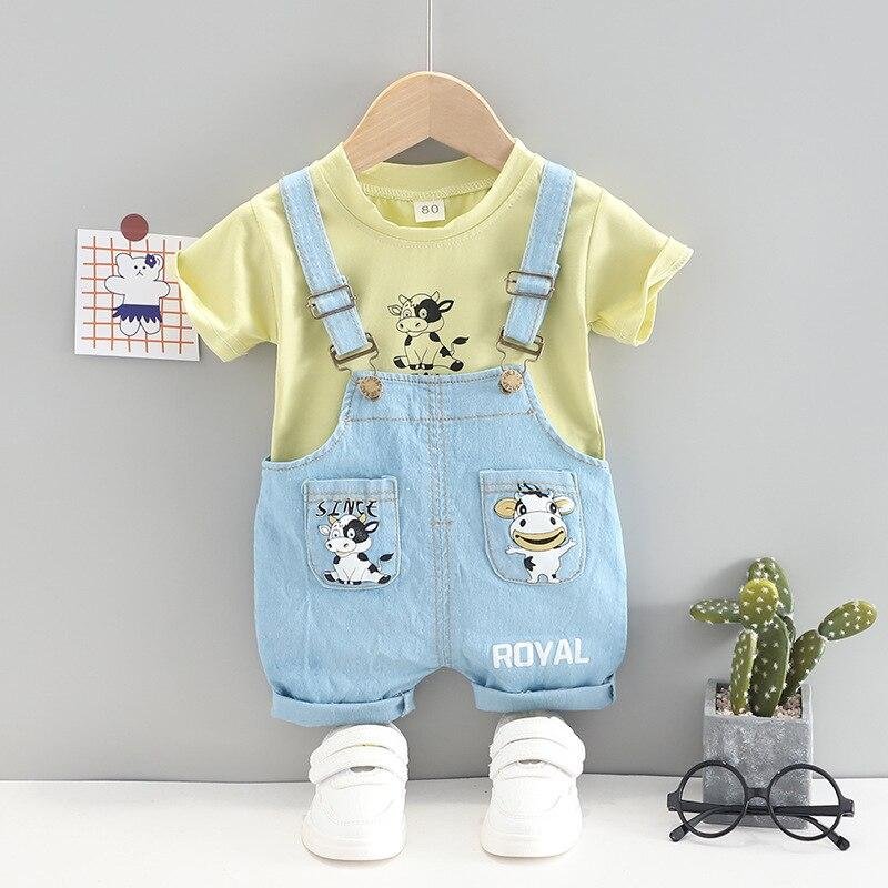 Boys and Girls Clothing Sets Summer Baby Boys Clothes Sets Cartoon Cow Tops + Bib 2-piece Summer Sets 1-3 Years Old