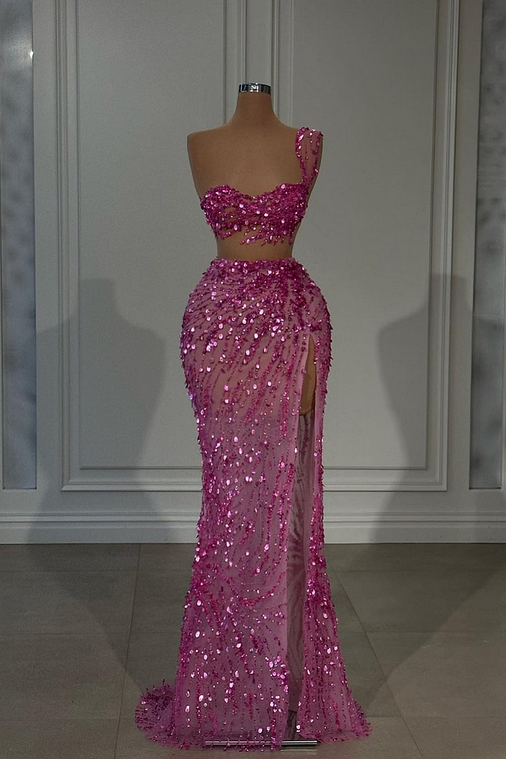 Daisda Shining Hot Pink Single Shoulder Strap Sleeveless Split Prom Dress