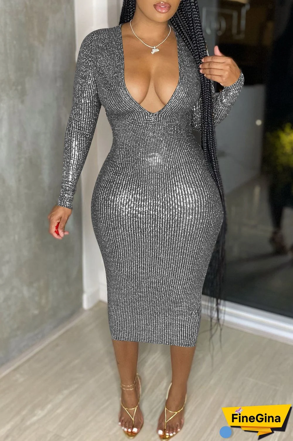 Black Sexy Casual Bronzing Patchwork V Neck Long Sleeve Dresses