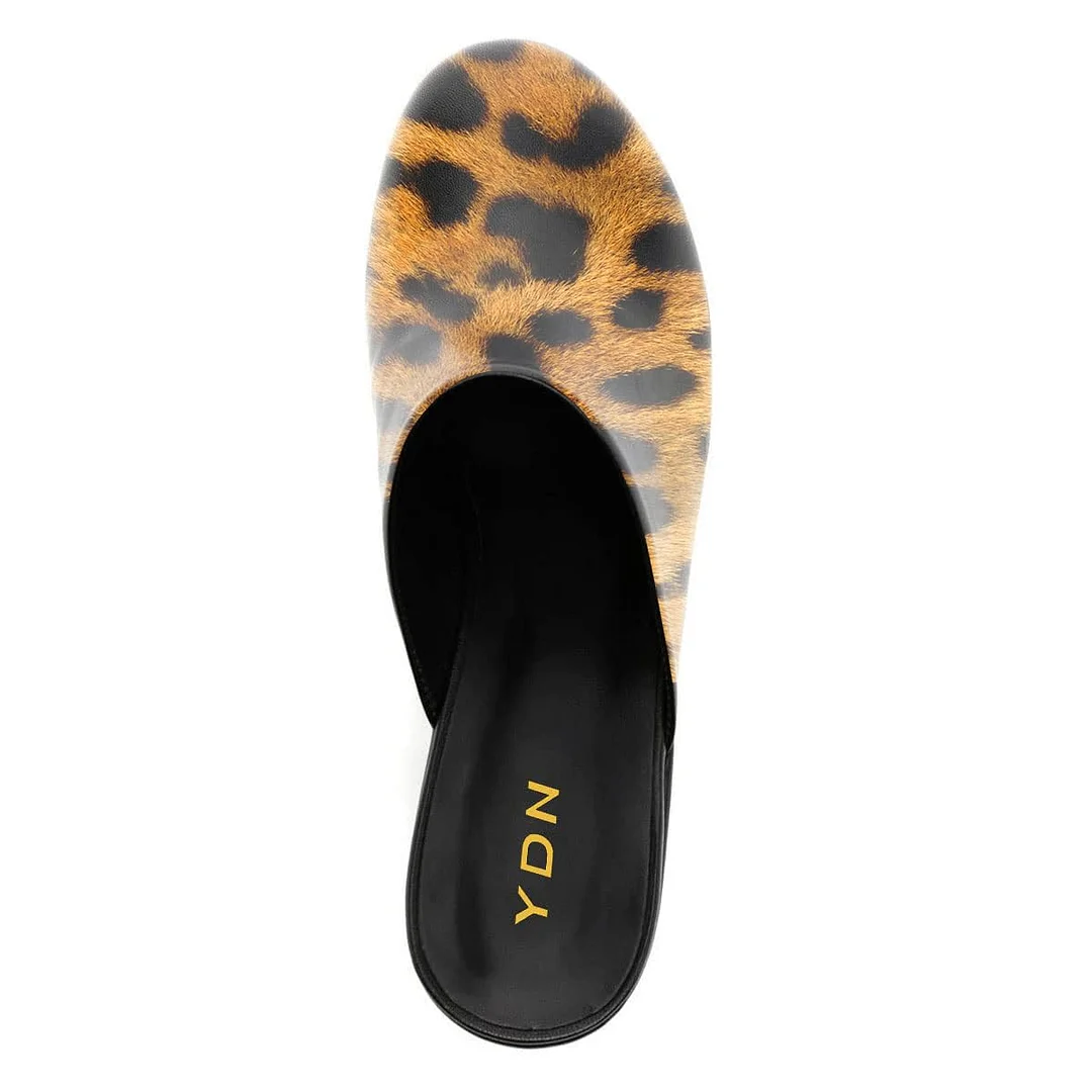 Leopard Print Block Heel Platform Round Toe Mules for Women