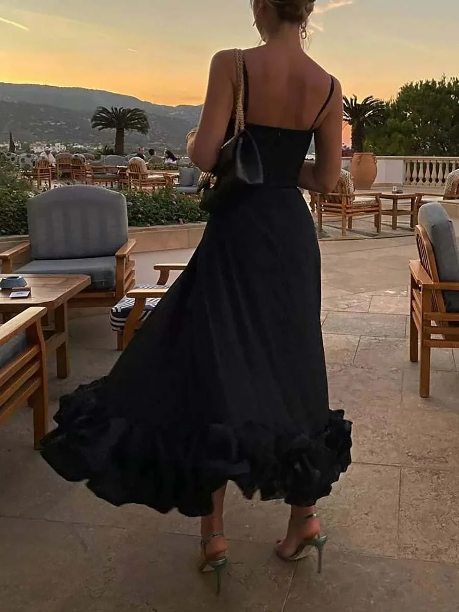 Elegant Solid Color Sling Midi Dress