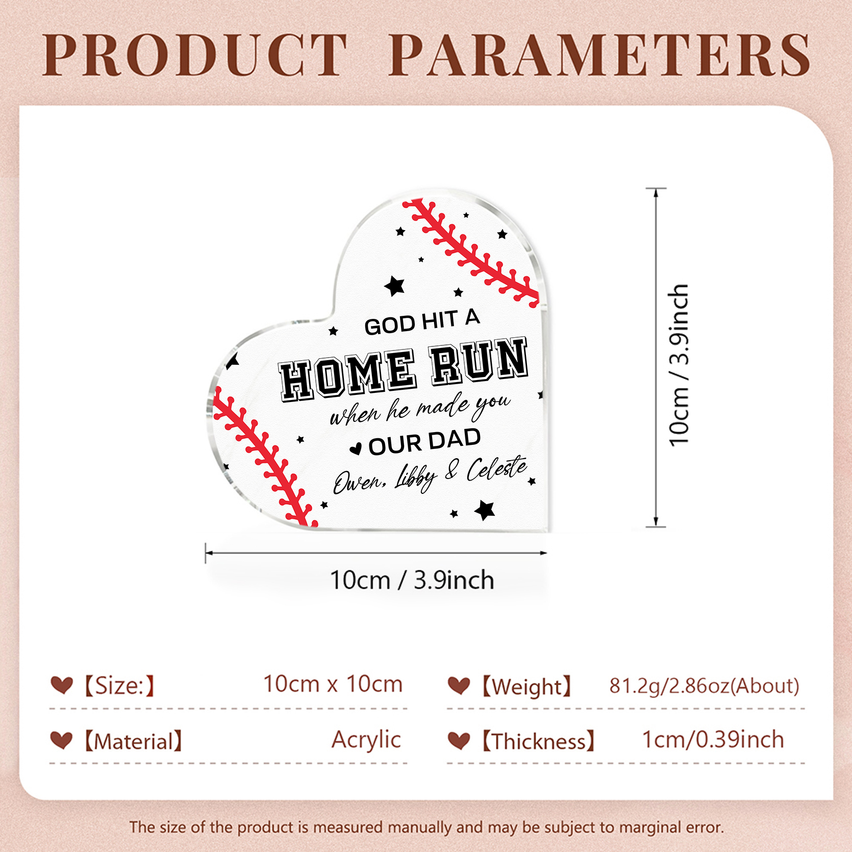 Personalised Text Acrylic Heart Keepsake Baseball Ornament Plaque Father's Day Gift - God Hit A Home Run When He Made You Our Dad-Jessemade AU