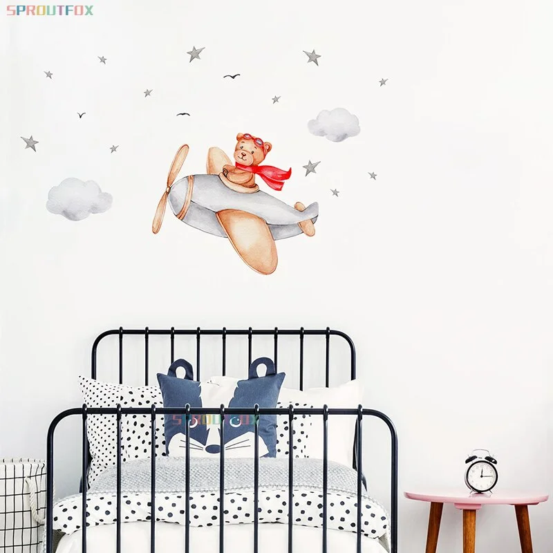 Fly in the Sky Cute Animals Bear Wall Stickers for Kids Room Nursery Room Airplane Vinyl Wall Decals Art Murals Home Decoration