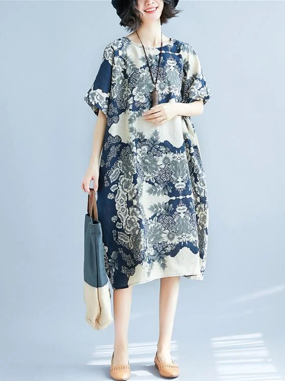 Natinal Flower Printed Linen Midi Dress