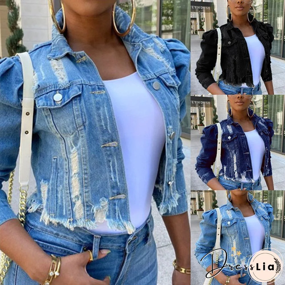 Women Ripped Denim Jackets Vintage Casual Short Jean Jacket Puff Sleeve Female Coat Streetwear