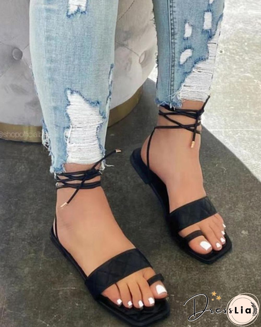 Solid Toe Post Square-toe Flat Sandals