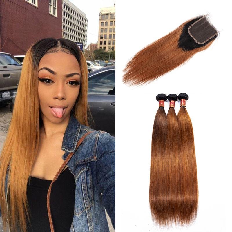 T1B/30 3Bundles Straight Hair Weaves With 4*4 Lace Closure