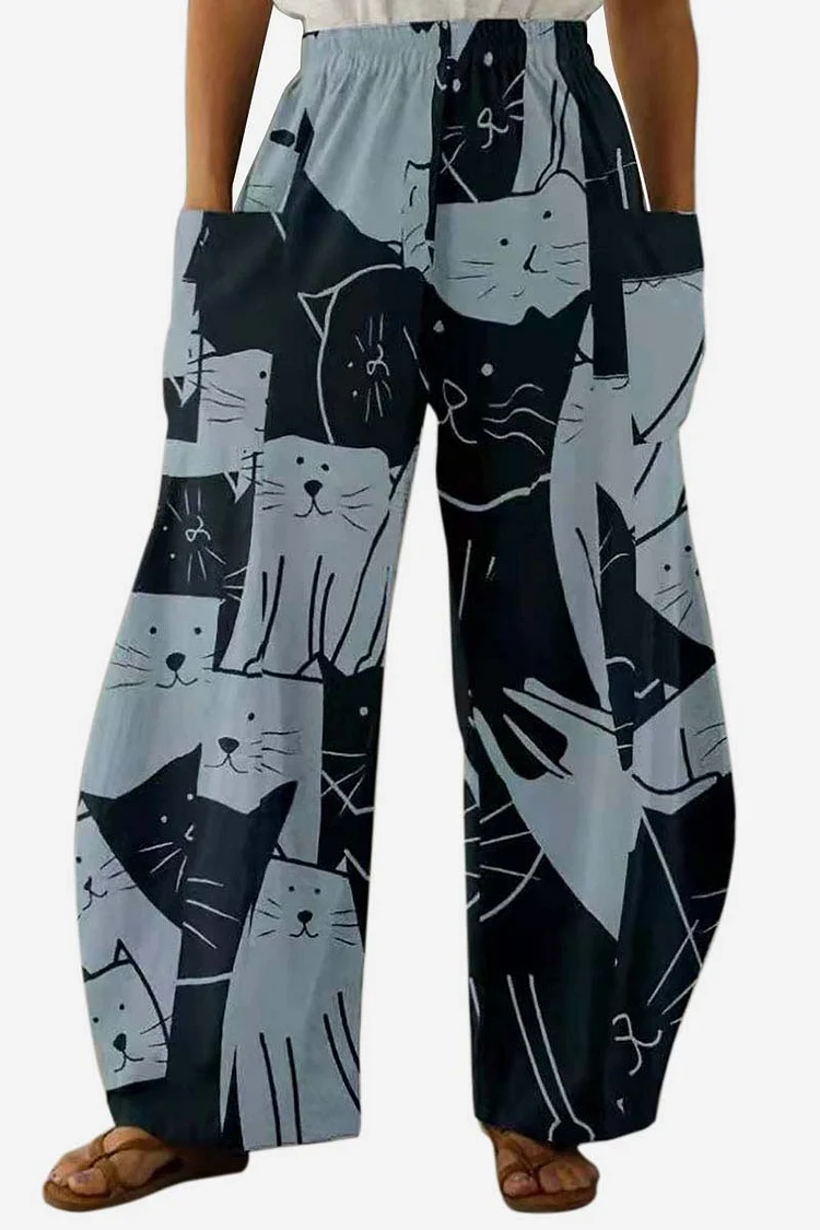 Linen Colorblock Cat Pattern Doodle Printed Wide Leg Pocket Casual Pants