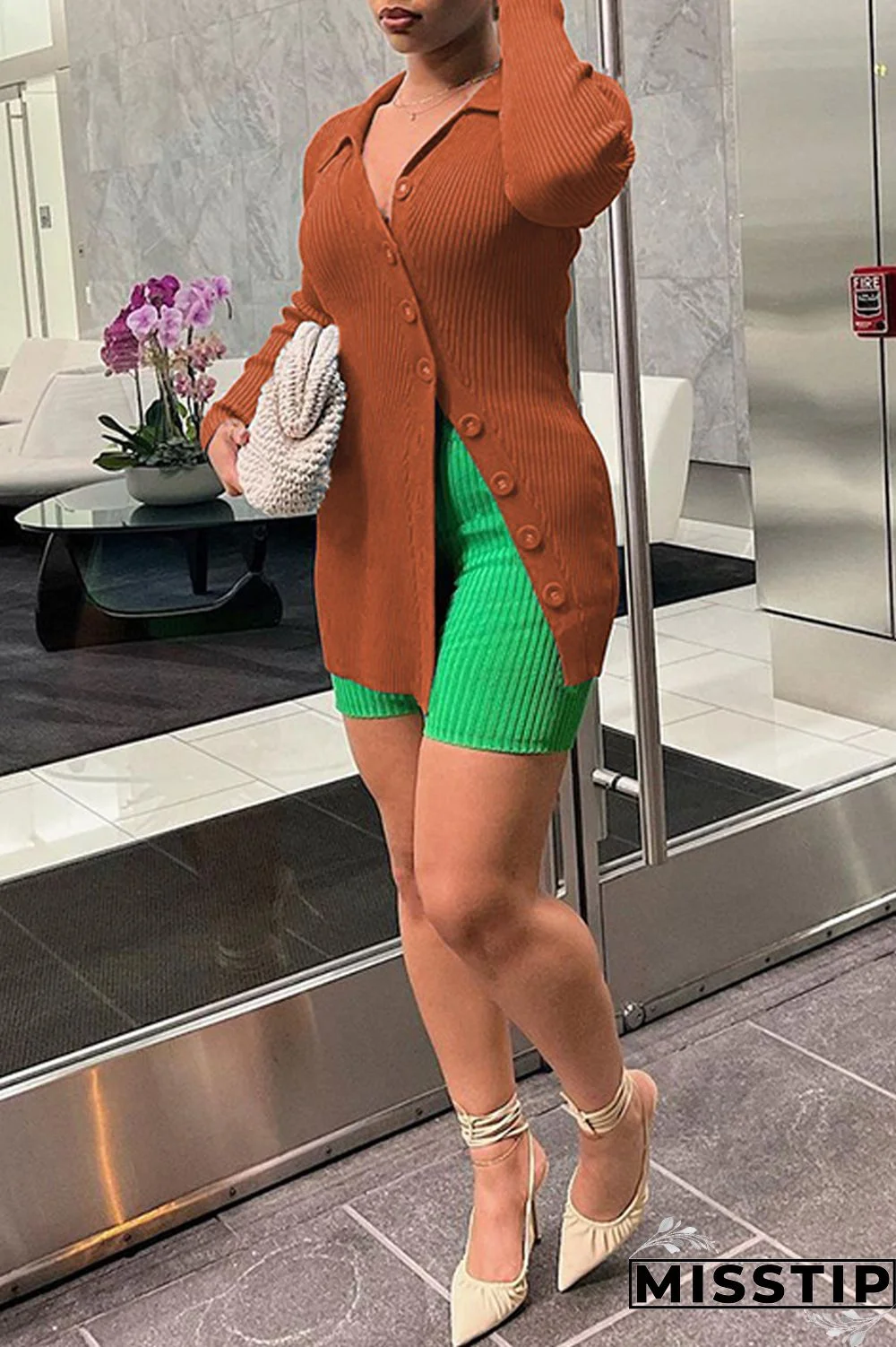 Earth Yellow Casual Solid Patchwork Buttons Turndown Collar Tops