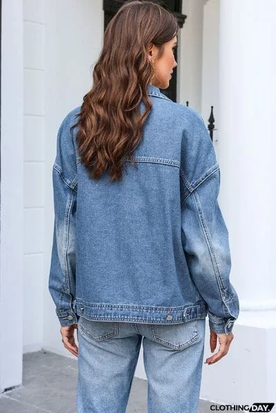 Button Up Dropped Shoulder Denim Jacket with Pockets