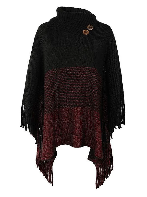 Women's Scoop Neck 3/4 Sleeve Knit Shawl Fringed Hem Colorblock Sweater Top