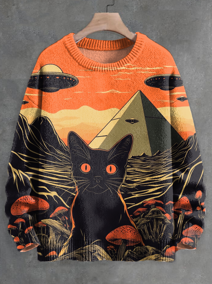 Men's Retro UFO Black Cat Art Print Knit Sweatshirt