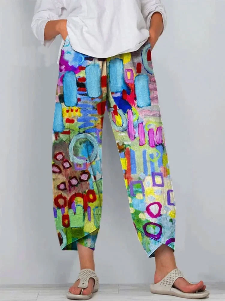 Colorful Abstract Painting Printed Women's Cotton And Linen Casual Pants