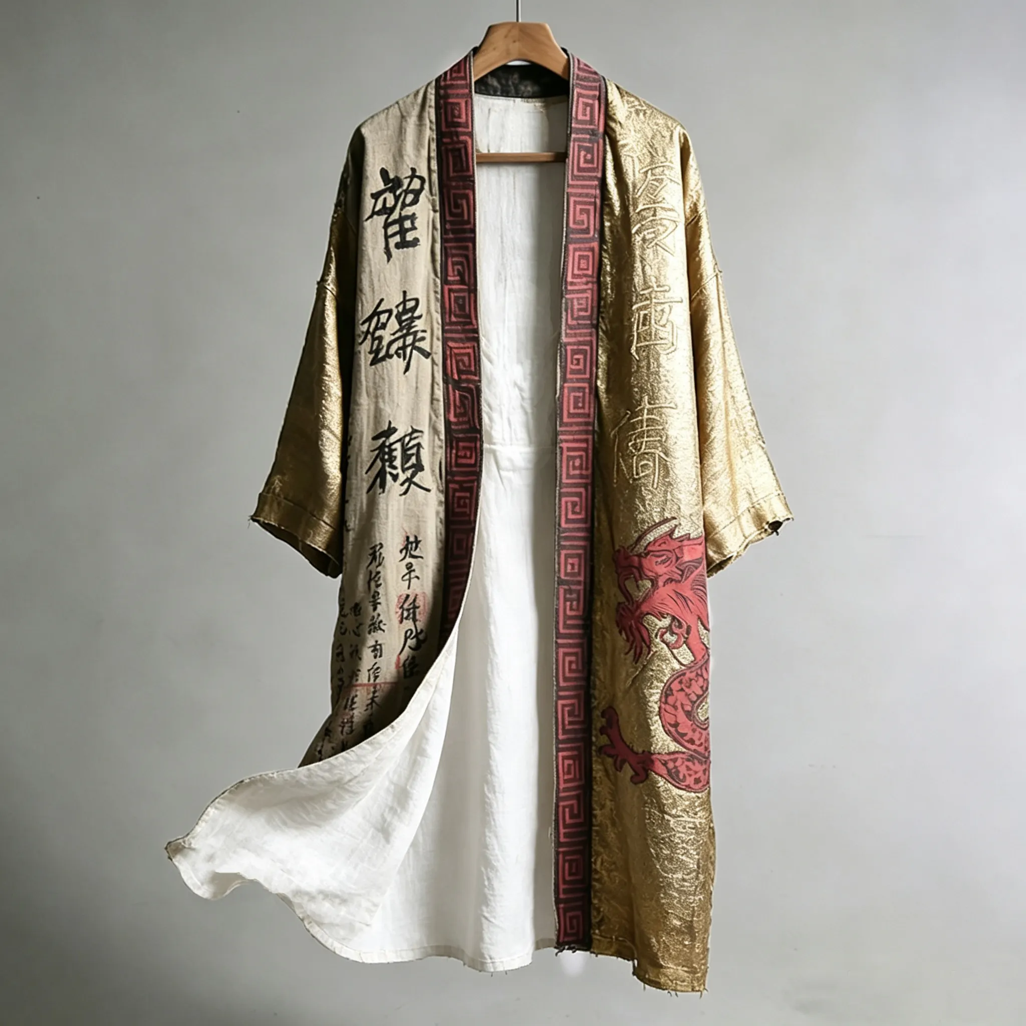 Men's Japanese Dragon Pattern Calligraphy And Painting Art Linen Long Kimono artswardrobe