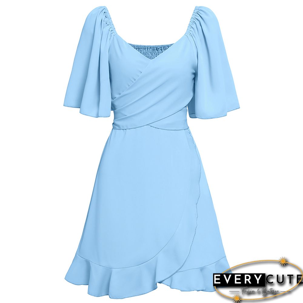 Light Blue V Neck Slim Waist Short Sleeve Mini Dress