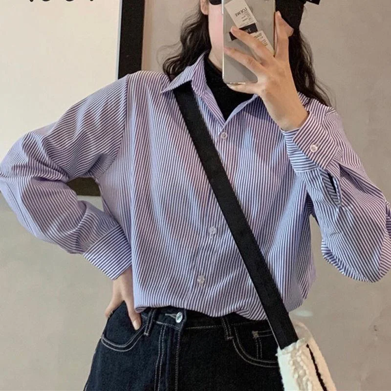 Uveng Uveng Spring And Autumn New Long-Sleeved Striped Shirt Female Korean Version Of Loose Large-Size Bottom Shirts Thin Professional Shirt