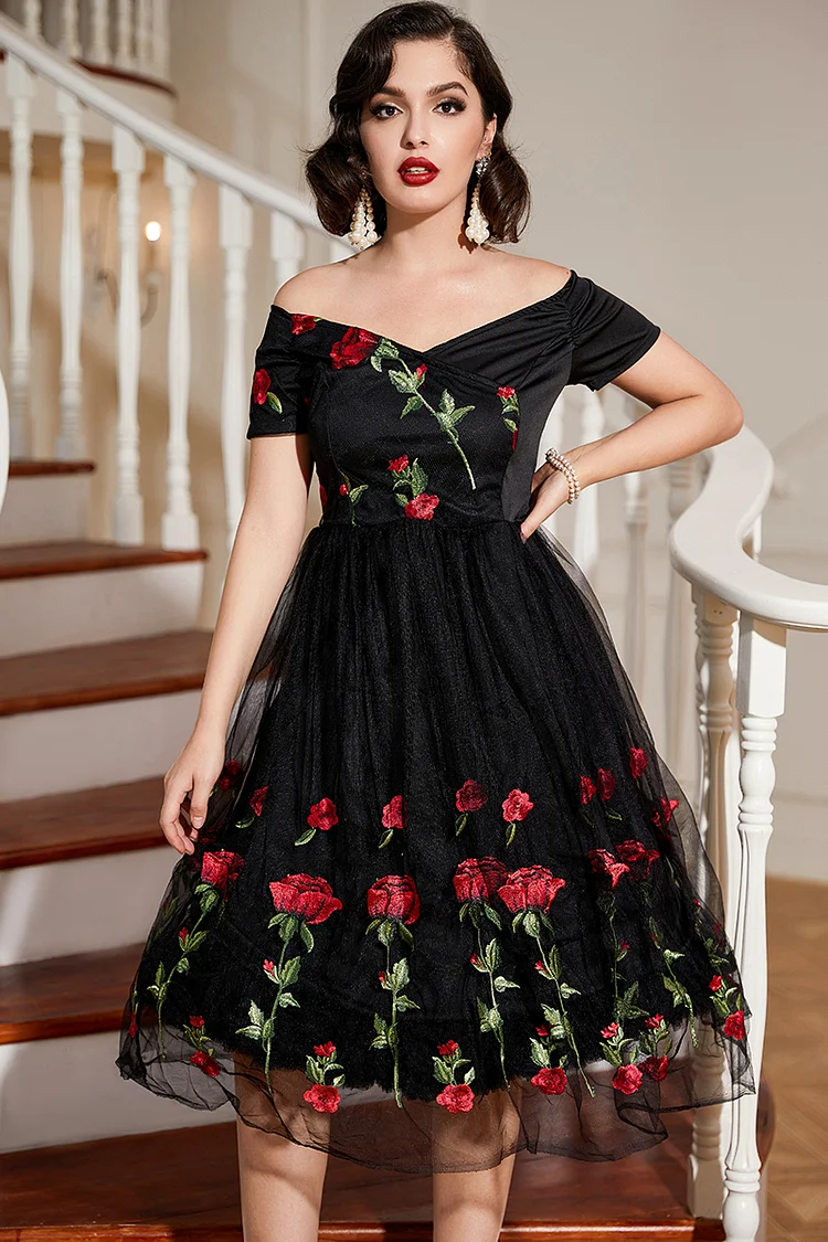 1950s Black Retro Lace Rose Print Casual A-Line Elegant Midi Dress