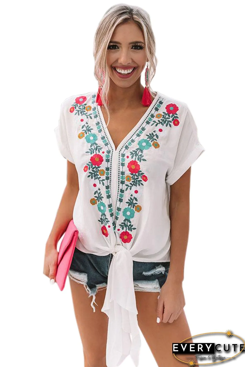 White Embroidered Tie Top