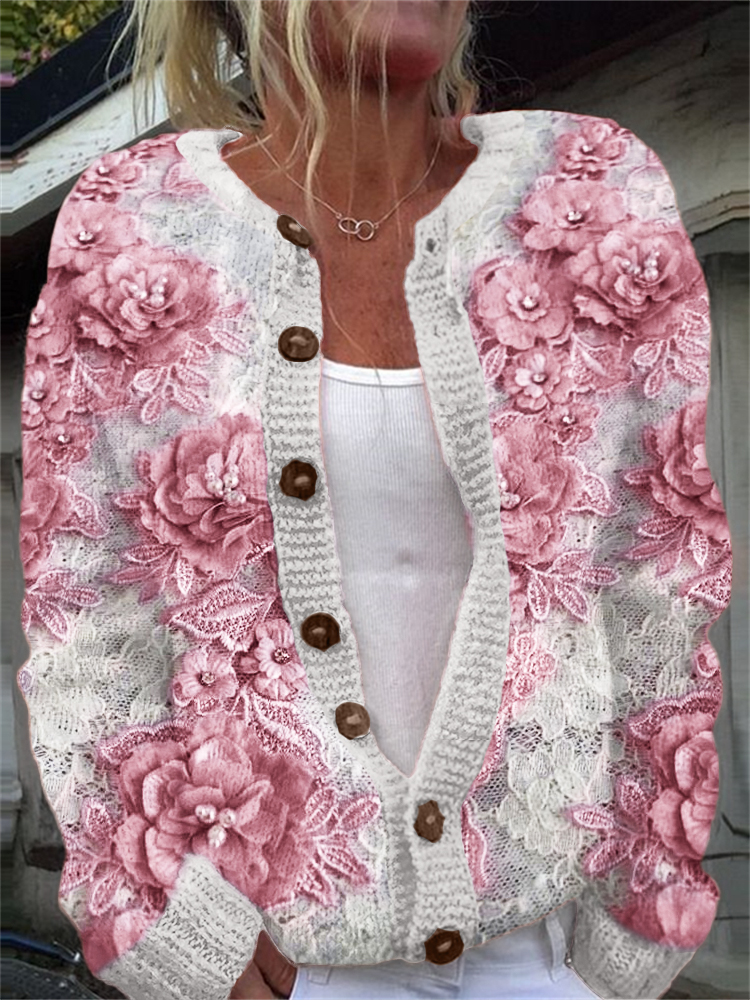 Classy 3d Beaded Floral Lace Cozy Knit Cardigan