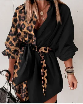Mongw Mongw Women's Wear Commuter Print Color Stitching Leopard Print Lace Middle Sleeve Shirt Skirt