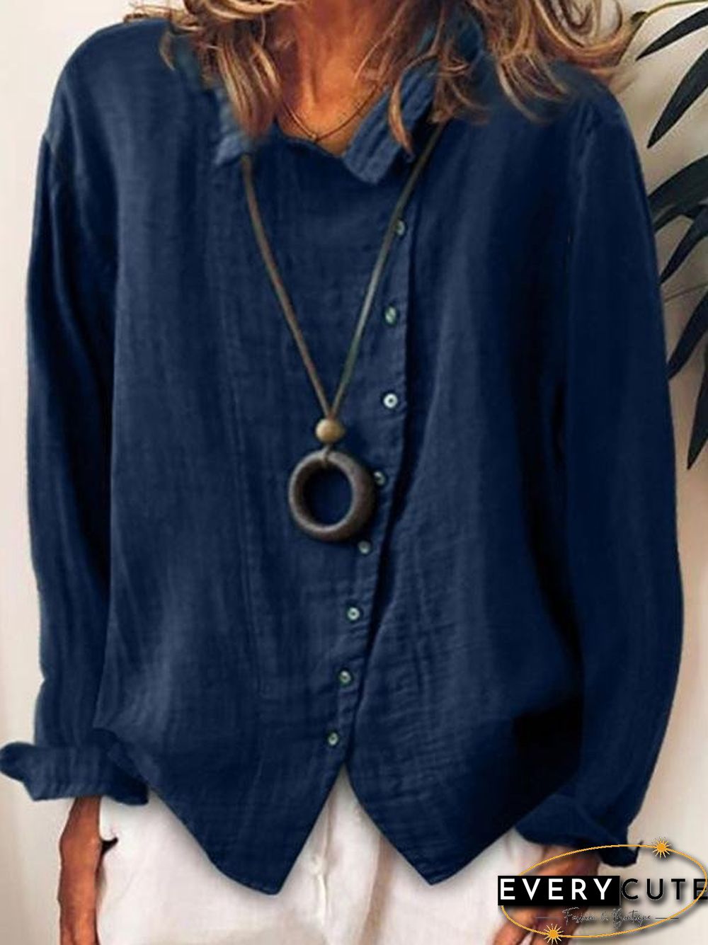 Loose Solid Buttons Long Sleeves Blouses