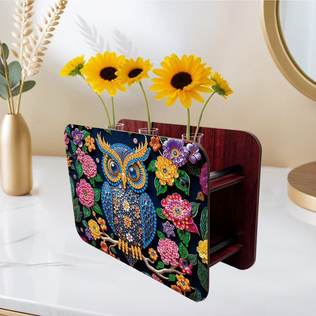 Owl DIY Flower Vase Wooden Double Sided Desktop Diamond Art Kit for Home Decor