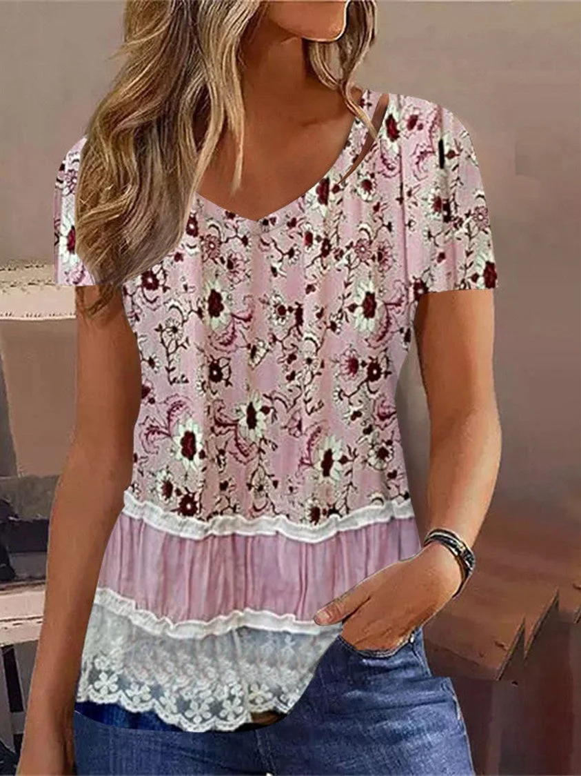 Women's Graphic Printed Lace Short Sleeve V-neck Top