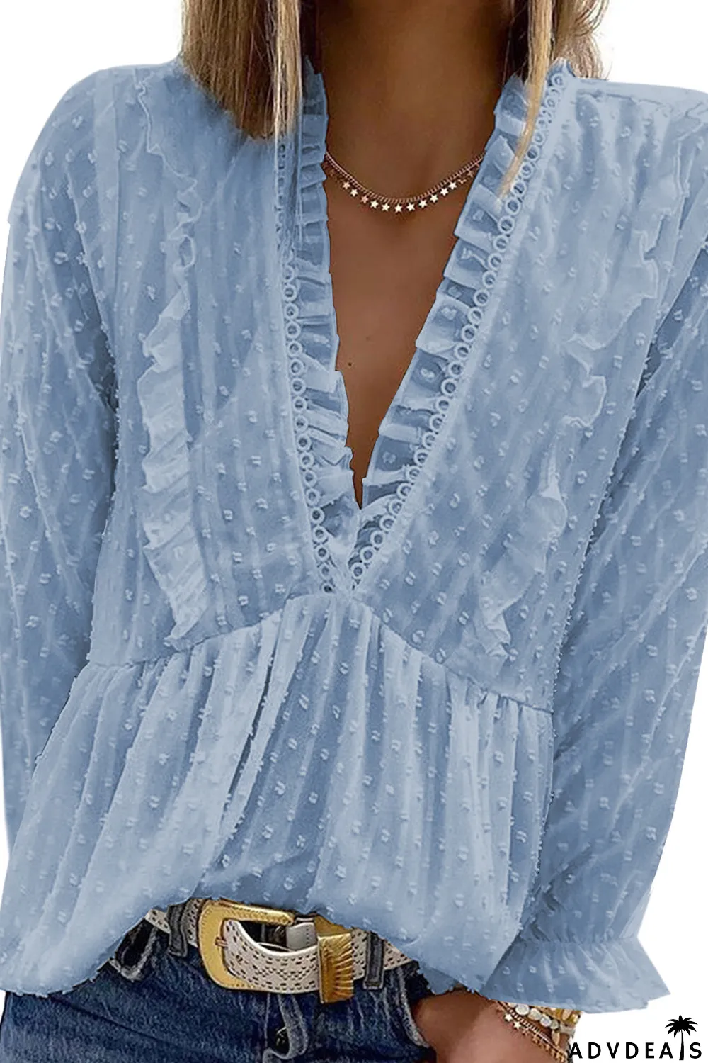 Sky Blue Swiss Dot Long Deep V Neck Pleated Sleeve Top