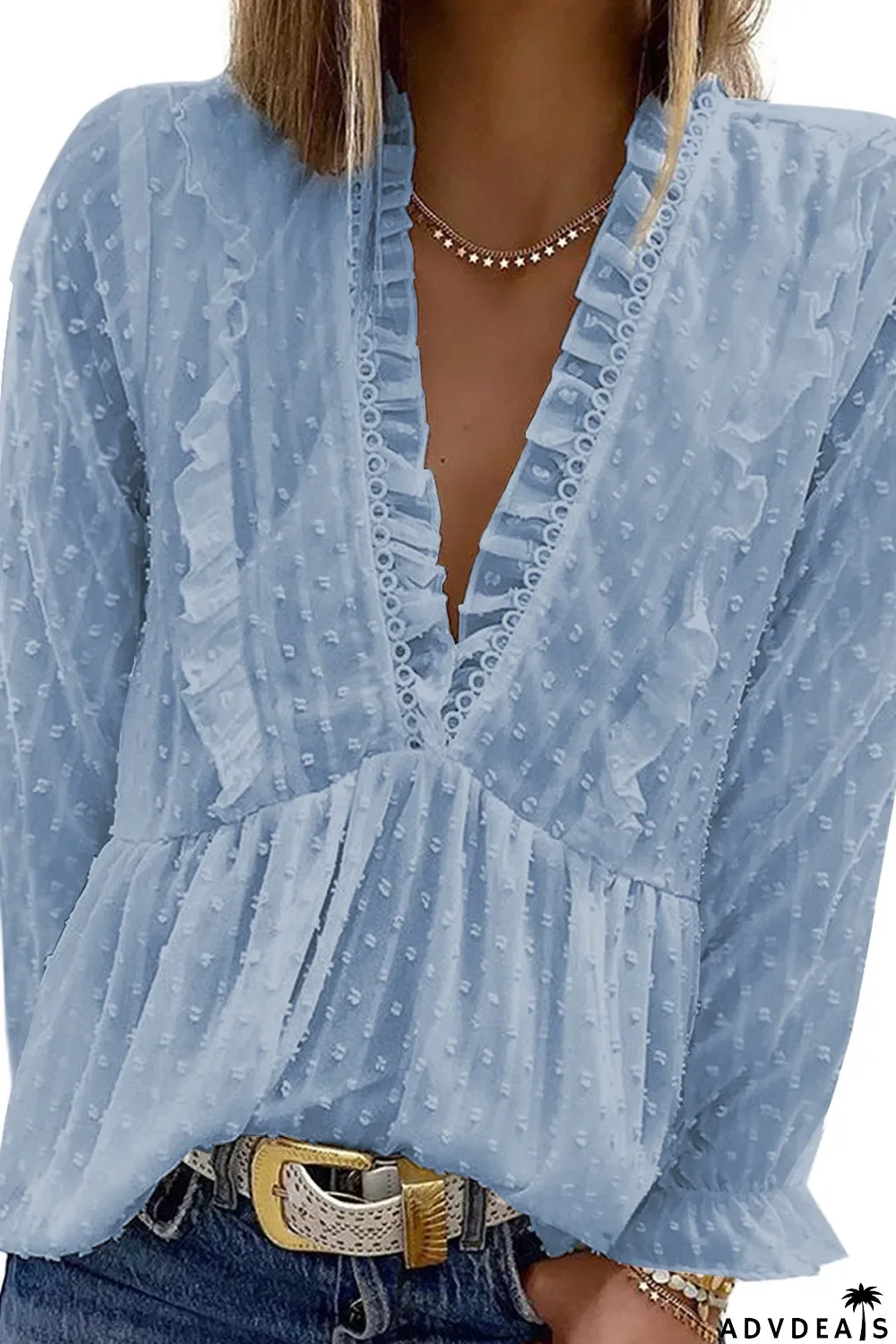 Sky Blue Swiss Dot Long Deep V Neck Pleated Sleeve Top