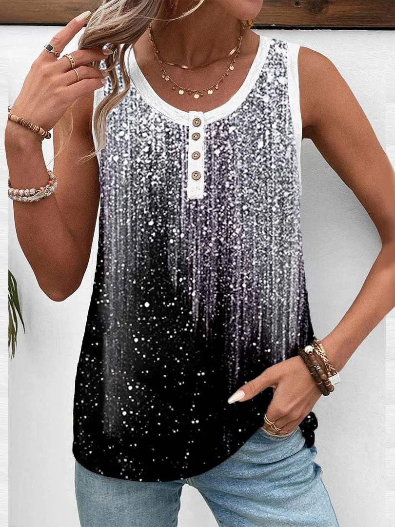 Women Sleeveless Scoop Neck Polka Dot Printed Graphic Button Tops