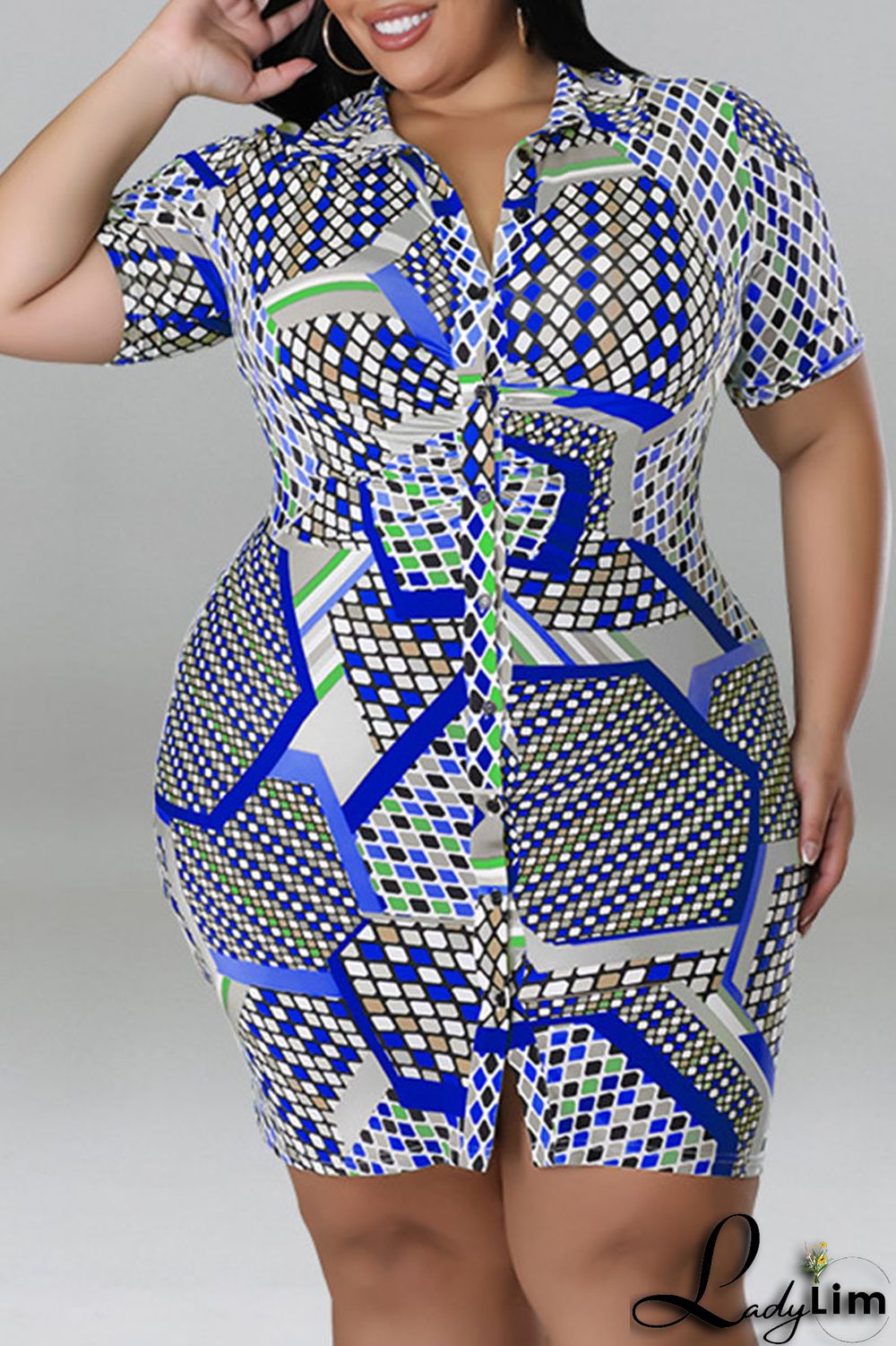 Blue Casual Print Patchwork Buckle Turndown Collar Shirt Dress Plus Size Dresses