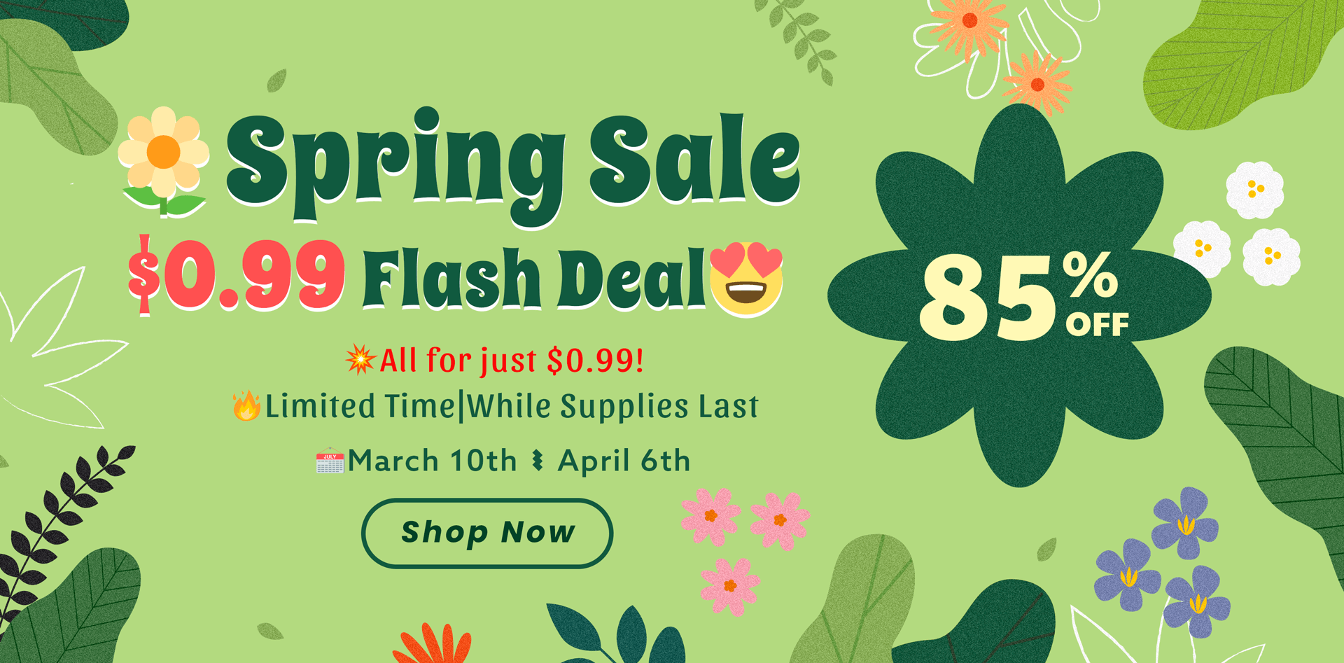 Spring Sale: Flash Sale ! Only $0.99(March 10th - April 6th)